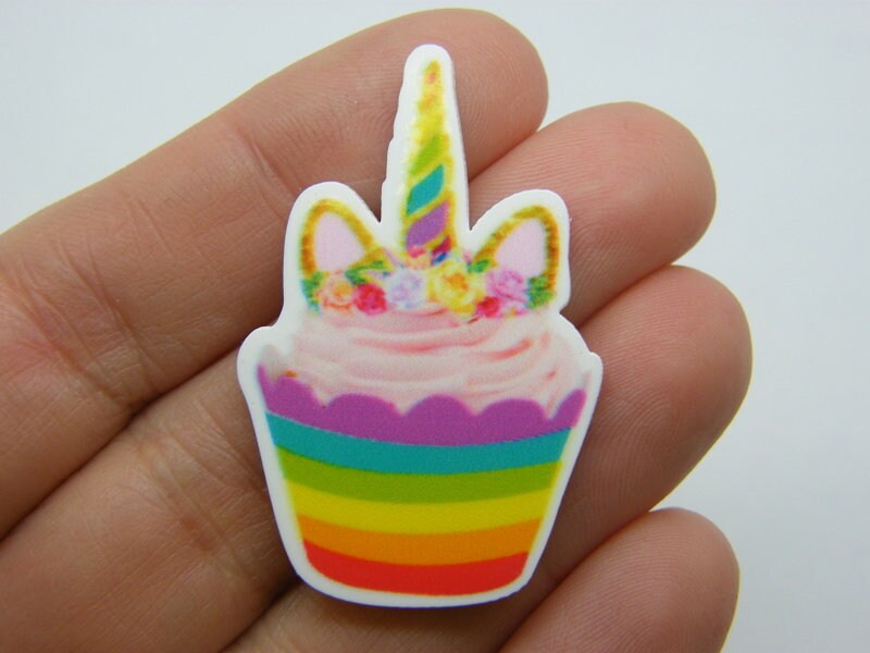 4 Unicorn rainbow cupcake embellishment cabochons resin FD129