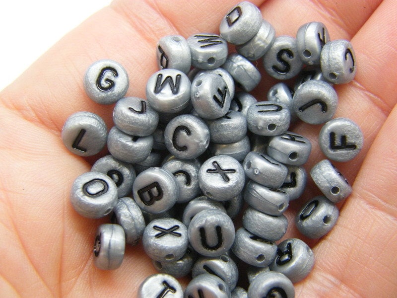100 Acrylic round  silver black  alphabet letter RANDOM beads AB397  - SALE 50% OFF