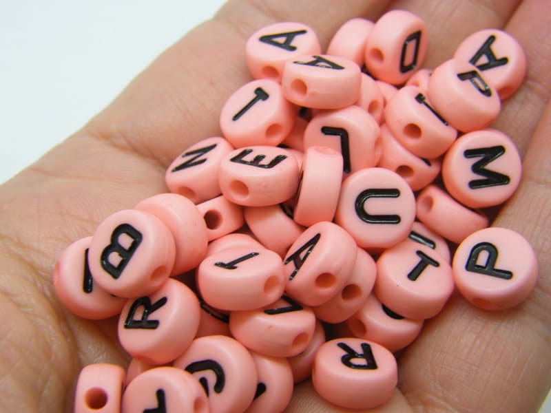 100 Letter beads pink black RANDOM 10mm acrylic BB846