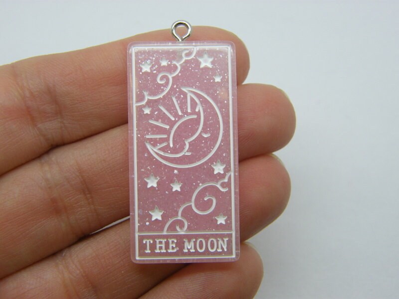 1 The moon tarot reading card pendant pink white glitter dust resin HC480