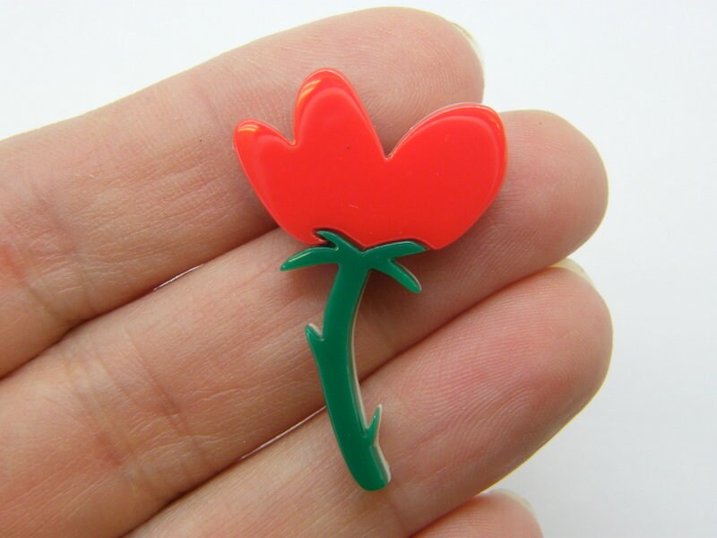 4 Flower embellishments cabochons red  green resin F472