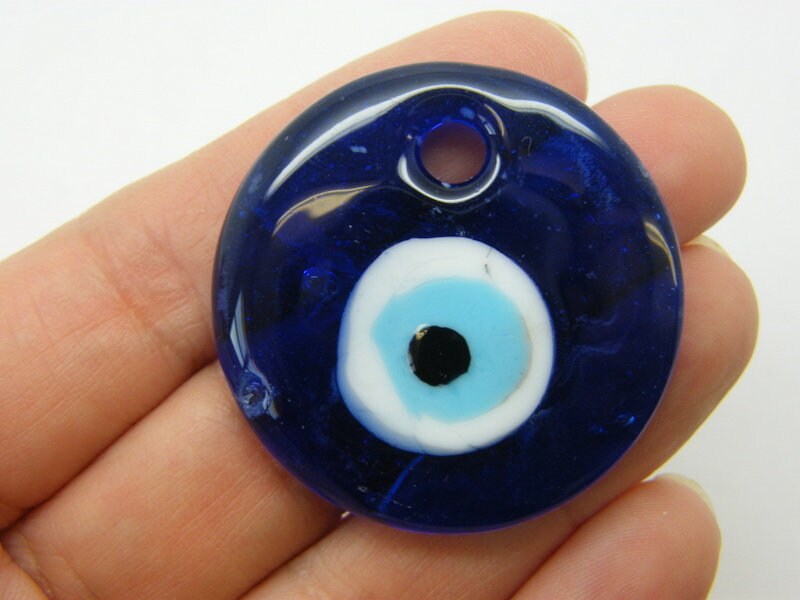 1 Evil eye pendant hand made lamp work royal blue glass I58