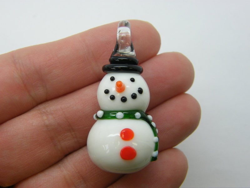 1 Snowman Christmas pendants white and green lampwork glass CT248