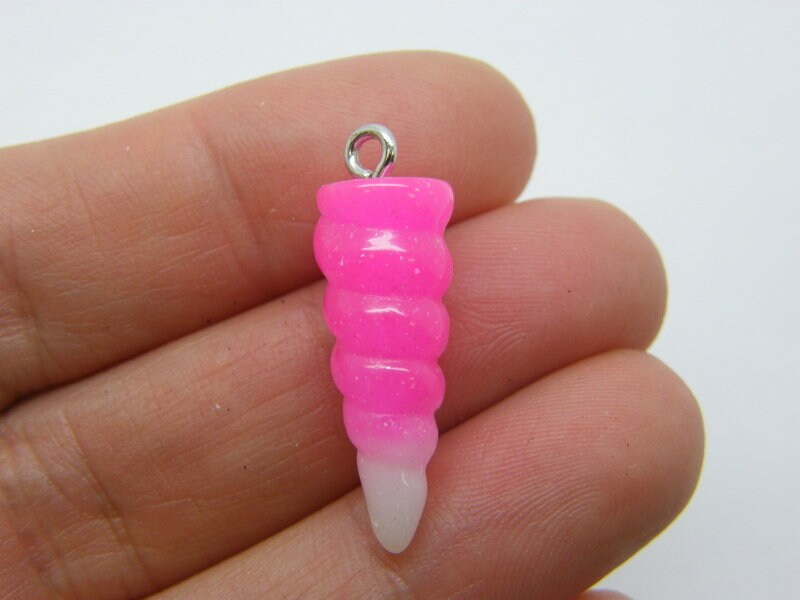 8 Unicorn horn fuchsia pink and white resin  silver screw bails charms A943