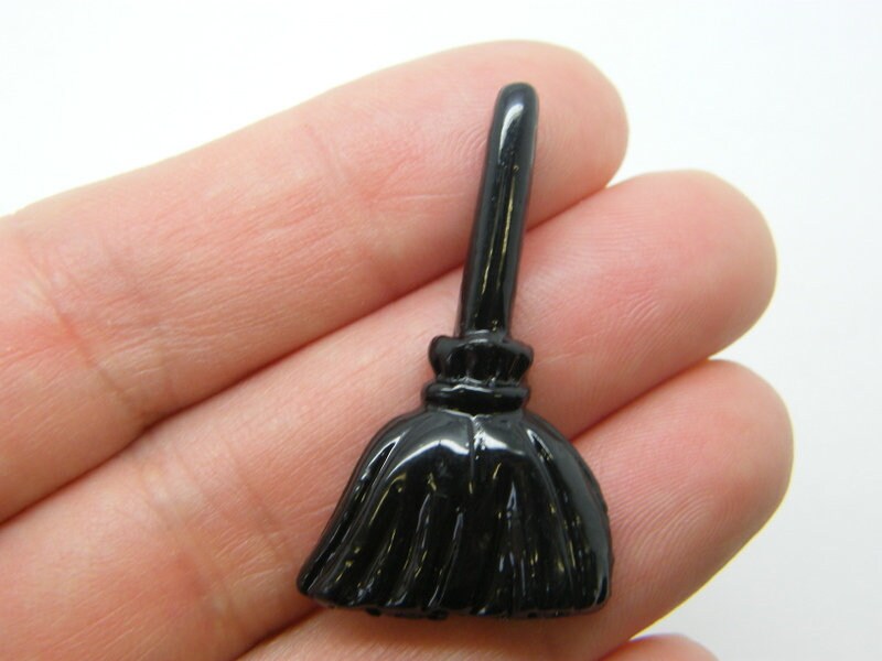 8 Broomstick Halloween embellishment cabochons black resin HC552