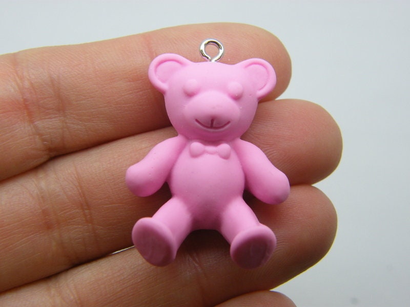 4 Teddy bear baby girl pendants dark pink resin P162