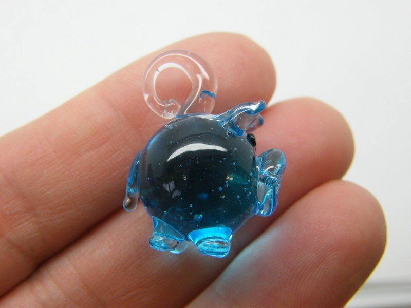 1  Pig pendant blue  handmade lamp work glass A1057
