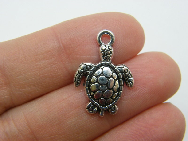 10 Turtle charms antique silver tone FF356