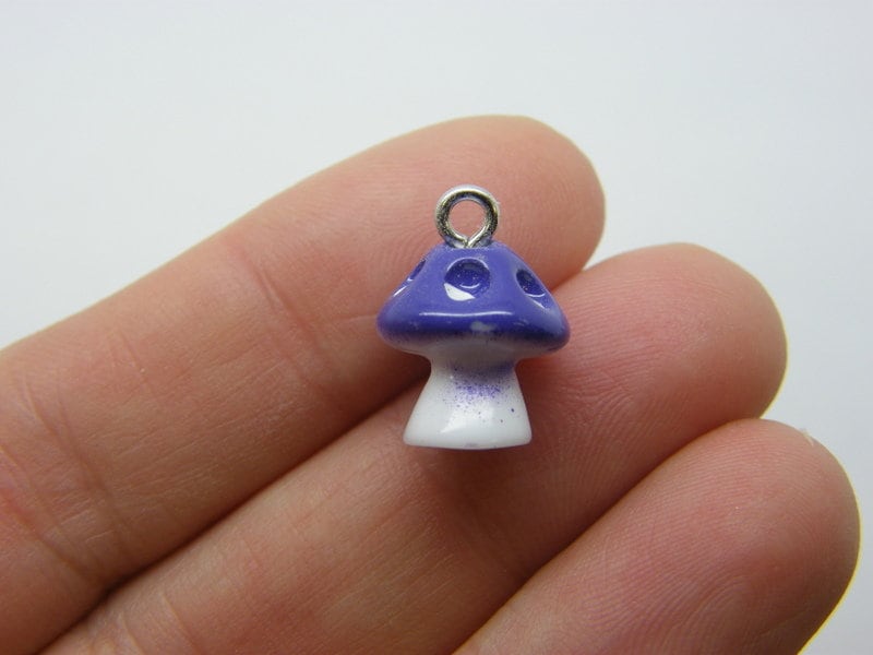 4 Mushroom purple and white charms resin L356