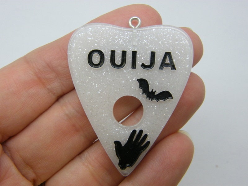 2 Ouija board planchette pendants clear black glitter resin HC504