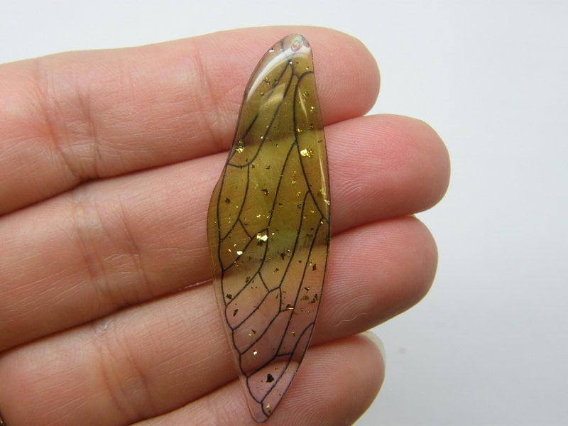 2 Dragonfly wing pendants green clear glitter resin A1171