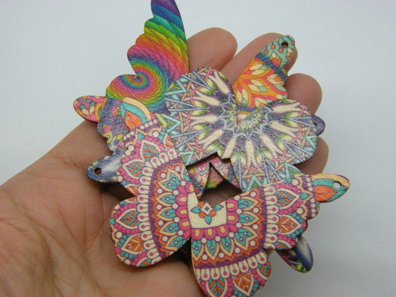 8 Butterfly pendants random mixed printed pattern wood A