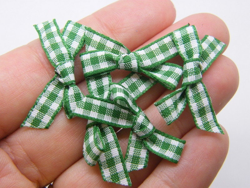 20 Gingham  ribbon bows green white material FS - SALE 50% OFF