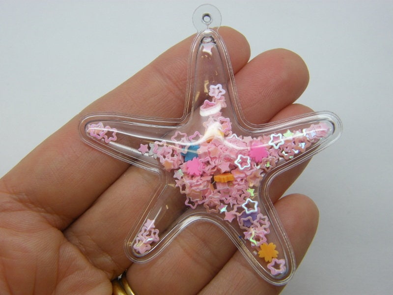 2 Starfish pendants clear pink star glitter PVC plastic FF315
