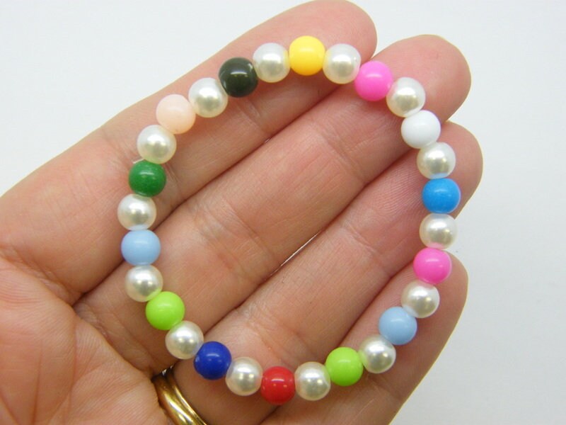 6 White  bracelets 43mm stretchy plastic beads FS