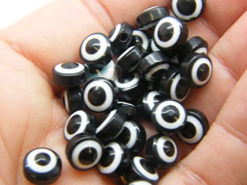 50 Evil eye 8mm beads black resin AB389