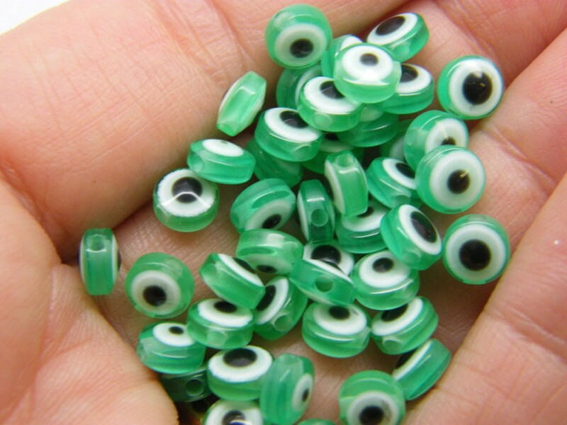 50 Evil eye 6mm beads green white black resin AB403  - SALE 50% OFF