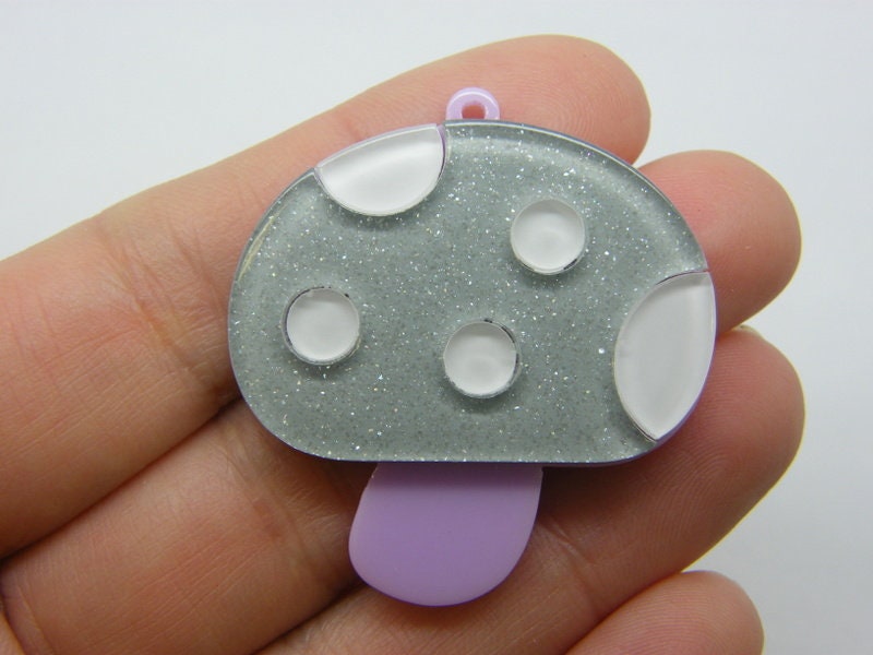 4 Mushroom pendants grey glitter white purple resin L306