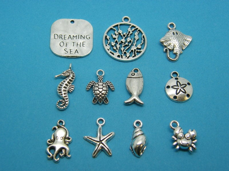 Dreaming of the sea collection - 10 different antique silver tone charms