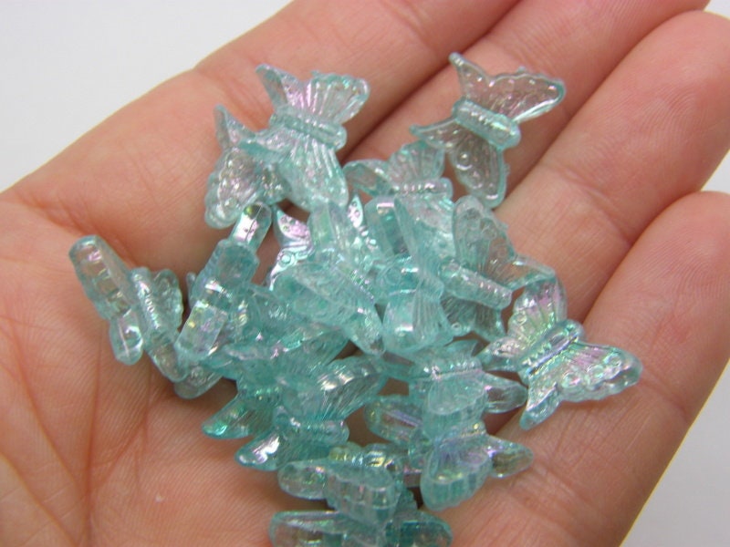 50 Butterfly beads aqua blue  AB acrylic AB374