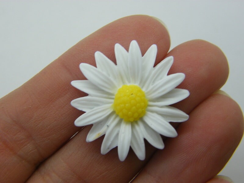 12 Daisy flower embellishment cabochons white yellow resin F479