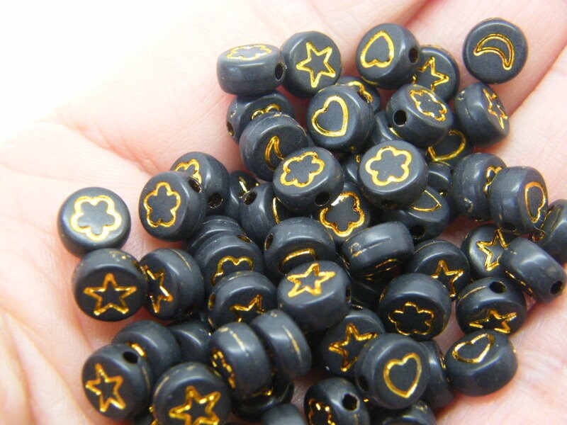 100 Flower moon star heart bead black gold acrylic AB420  - SALE 50% OFF