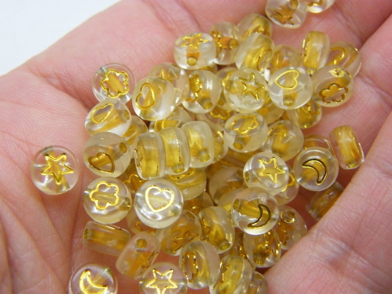 100 Flower moon star heart bead gold clear acrylic AB119  - SALE 50% OFF