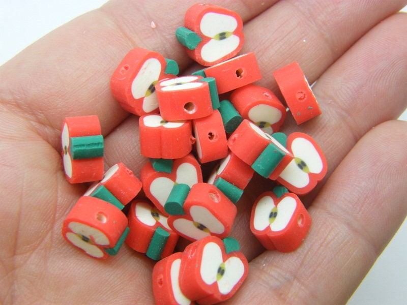 30 Apple fruit beads green red white polymer clay FD63 - SALE 50% OFF