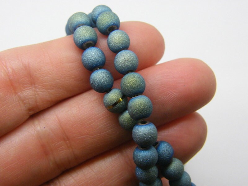 100 Green blue glitter frosted beads 6mm glass B266 - SALE 50% OFF
