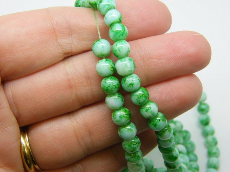 130 Dark green mottle  glass beads 6mm B260 - SALE 50% OFF