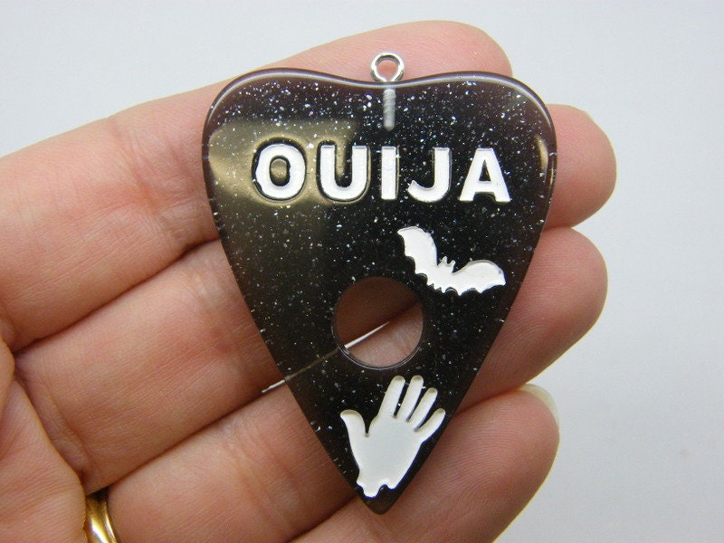 2 Ouija board planchette pendants black white glitter resin HC505