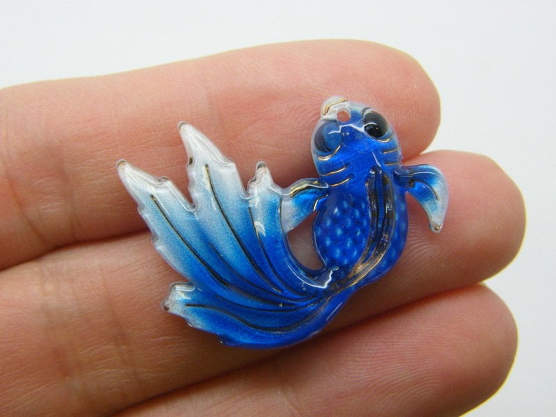 6 Goldfish fish pendants royal blue acrylic FF641