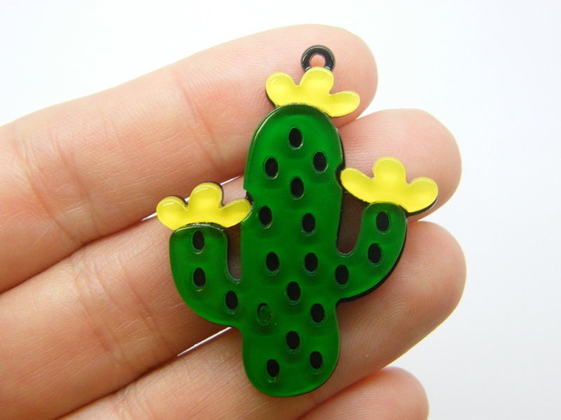 4 Cactus pendants yellow green black resin L134