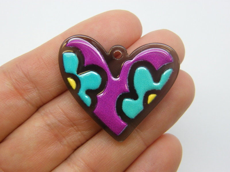 6 So cute  Heart flower pendants purple turquoise yellow acrylic H263