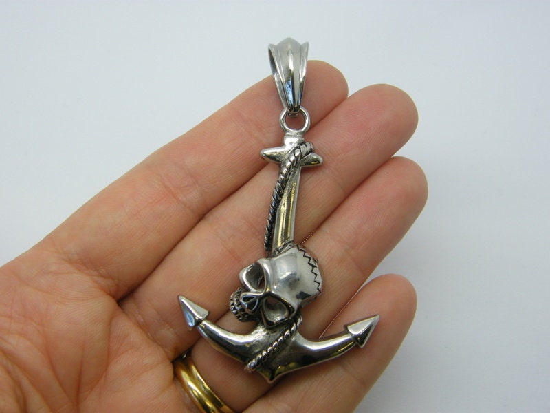 1 Skull anchor pendant antique silver stainless steel HC157