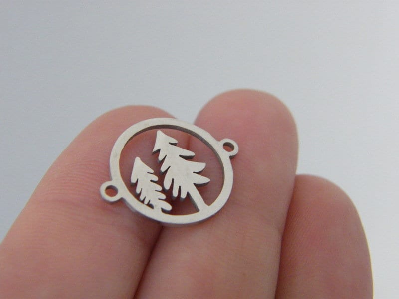2 Fir trees connector charms stainless steel T16
