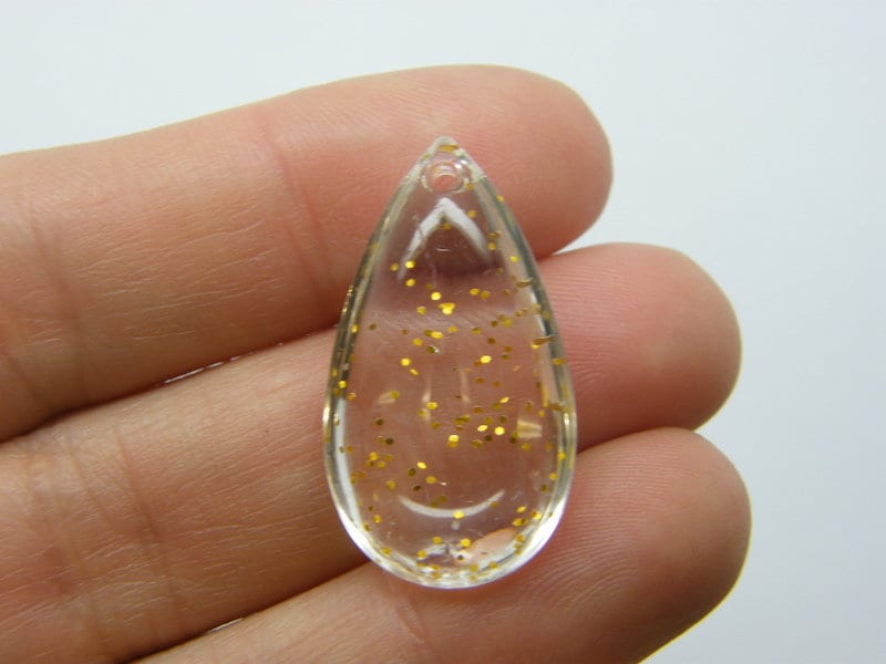 10 Teardrop pendants clear gold glitter acrylic M506
