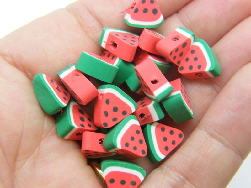 30 Watermelon fruit beads green red white black polymer clay FD67