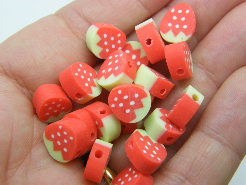 30 Strawberry fruit beads green red white polymer clay FD233 