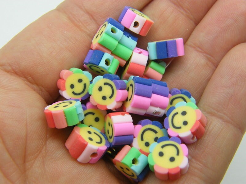 30 Flower face rainbow beads  10mm polymer clay F508