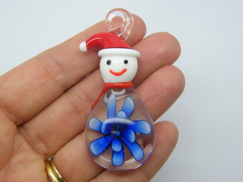1  Snowman Christmas flower pendant royal blue handmade lamp work glass CT