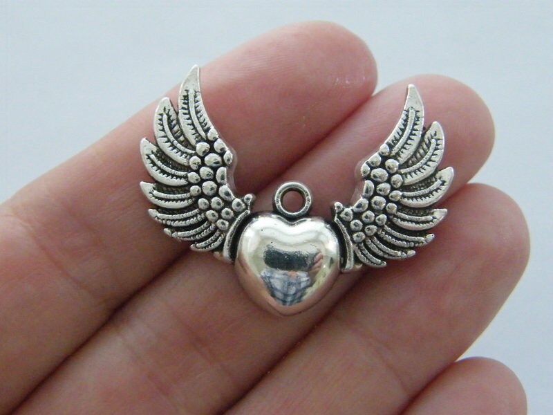 6 Heart with angel wings pendants antique silver tone AW67