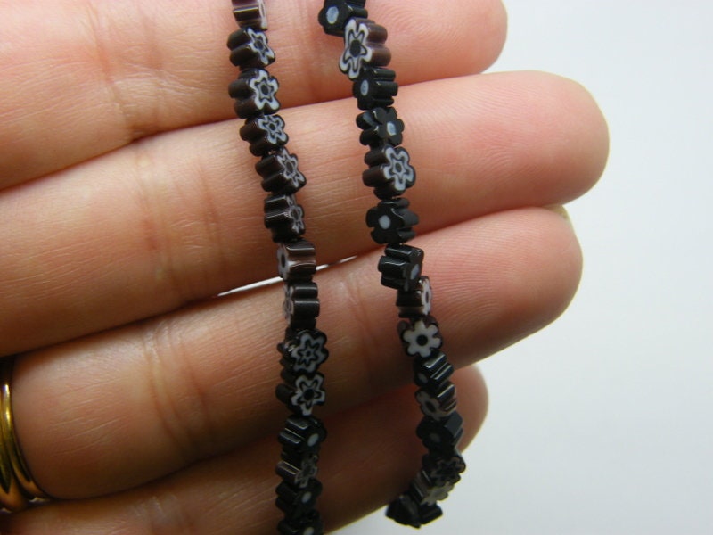 88 Millefiori beads flat flower black 4mm glass OB199