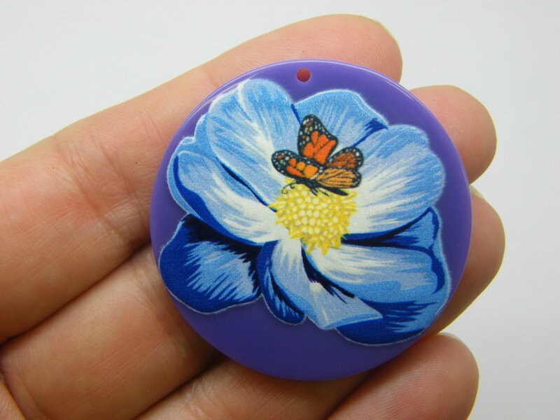 8 Flower with butterfly pendant purple shasds of blue acrylic F154