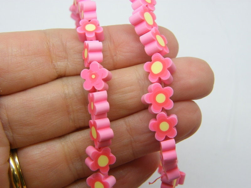 36 flower beads watermelon pink yellow polymer clay B271