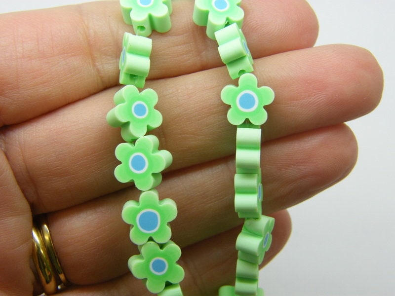 36 flower beads green blue polymer clay B271  - SALE 50% OFF