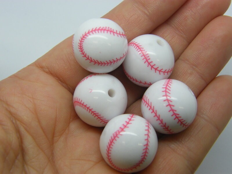 10 Baseball beads 20mm white red acrylic SP92 - SALE 50% OFF