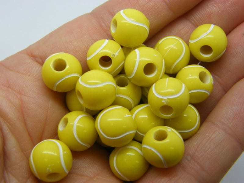 35 Tennis ball beads 12mm yellow white acrylic SP93