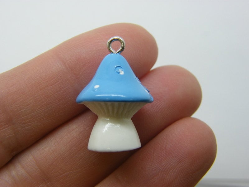 8 Mushroom blue and white charms resin L381