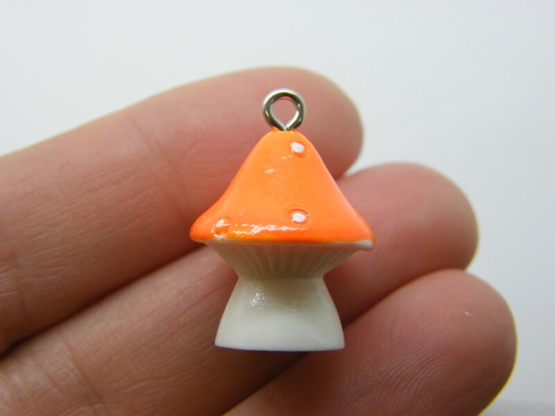 8 Mushroom orange and white charms resin silver screw bails L386